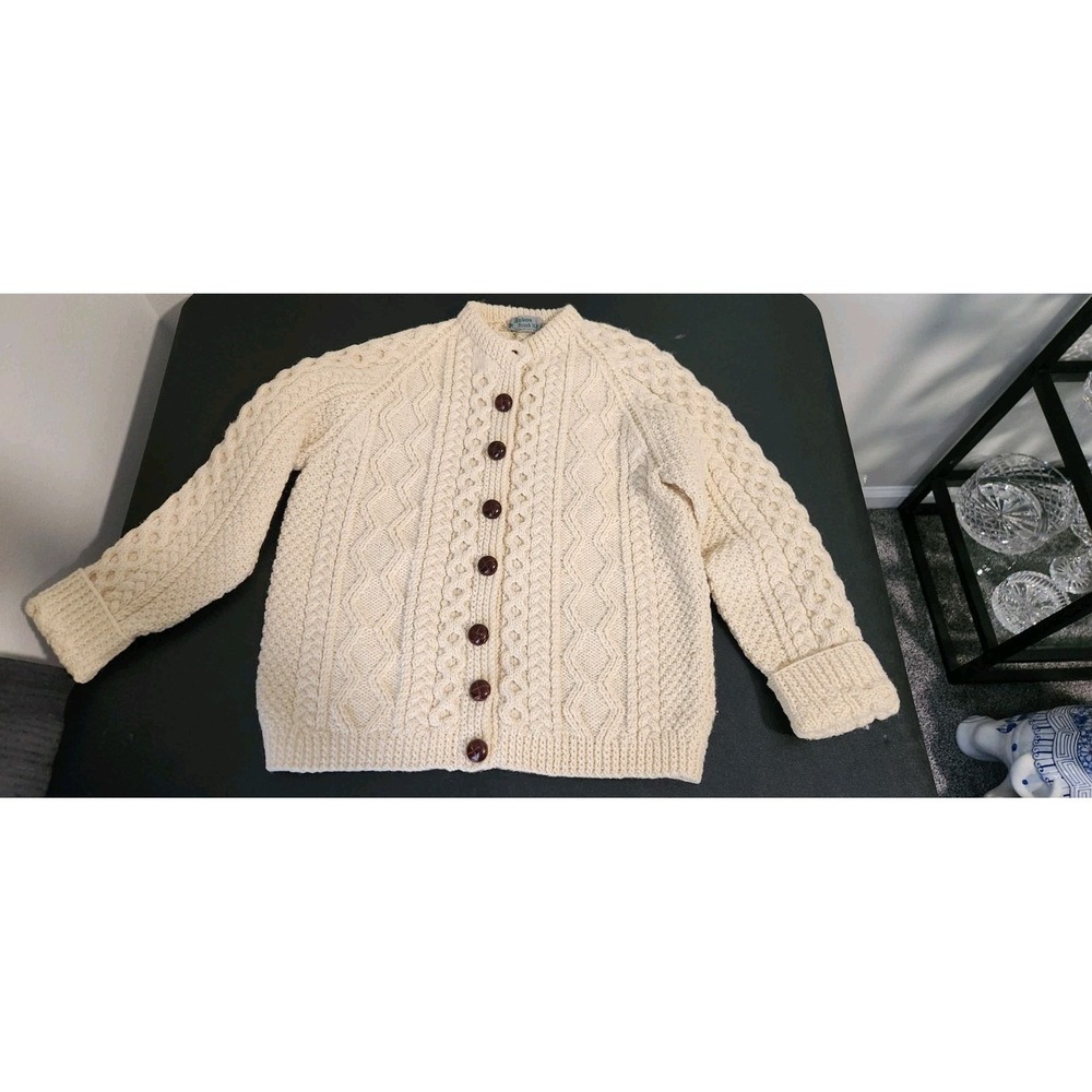 Vintage‎ Audion Hand Knit Ireland Wool Fisherman Cardigan Cream Cable Sweater